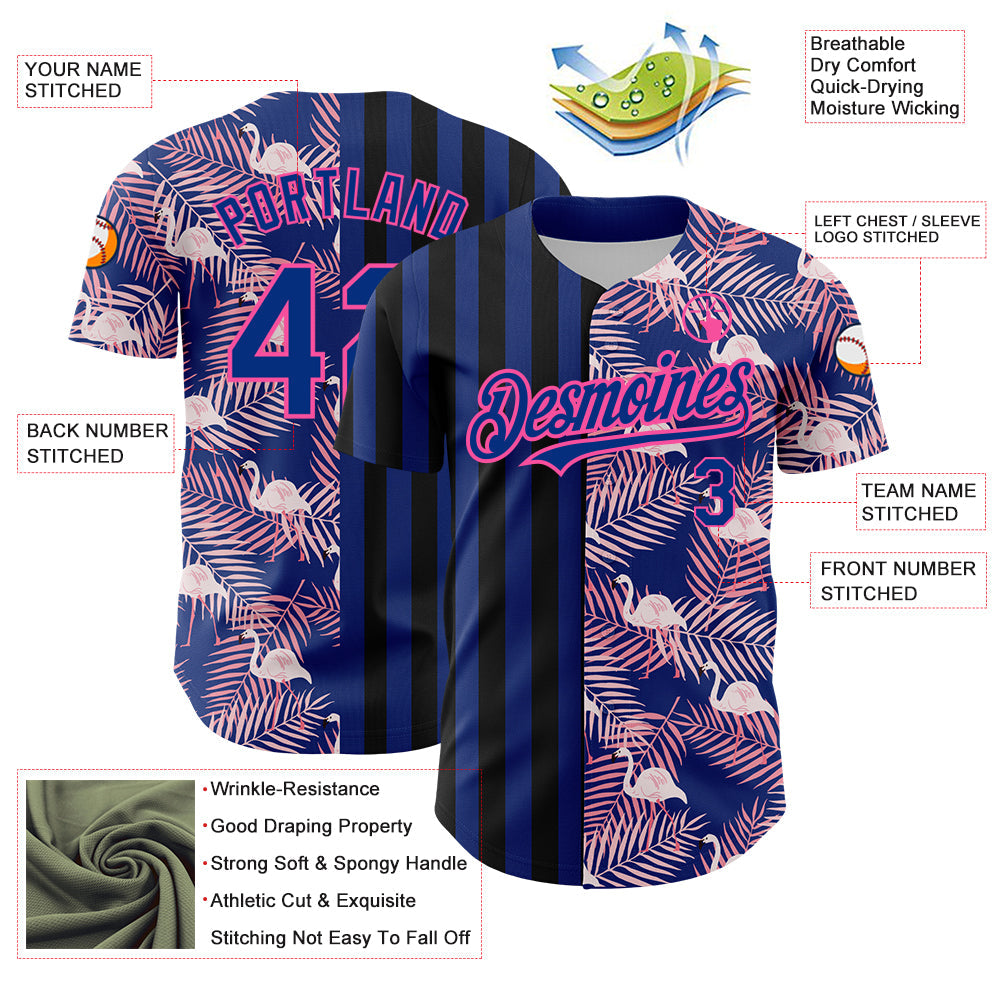Custom Royal Pink-Black 3D Pattern Design Tropical Palm Leaves And Famingo Authentic Baseball Jersey view 3