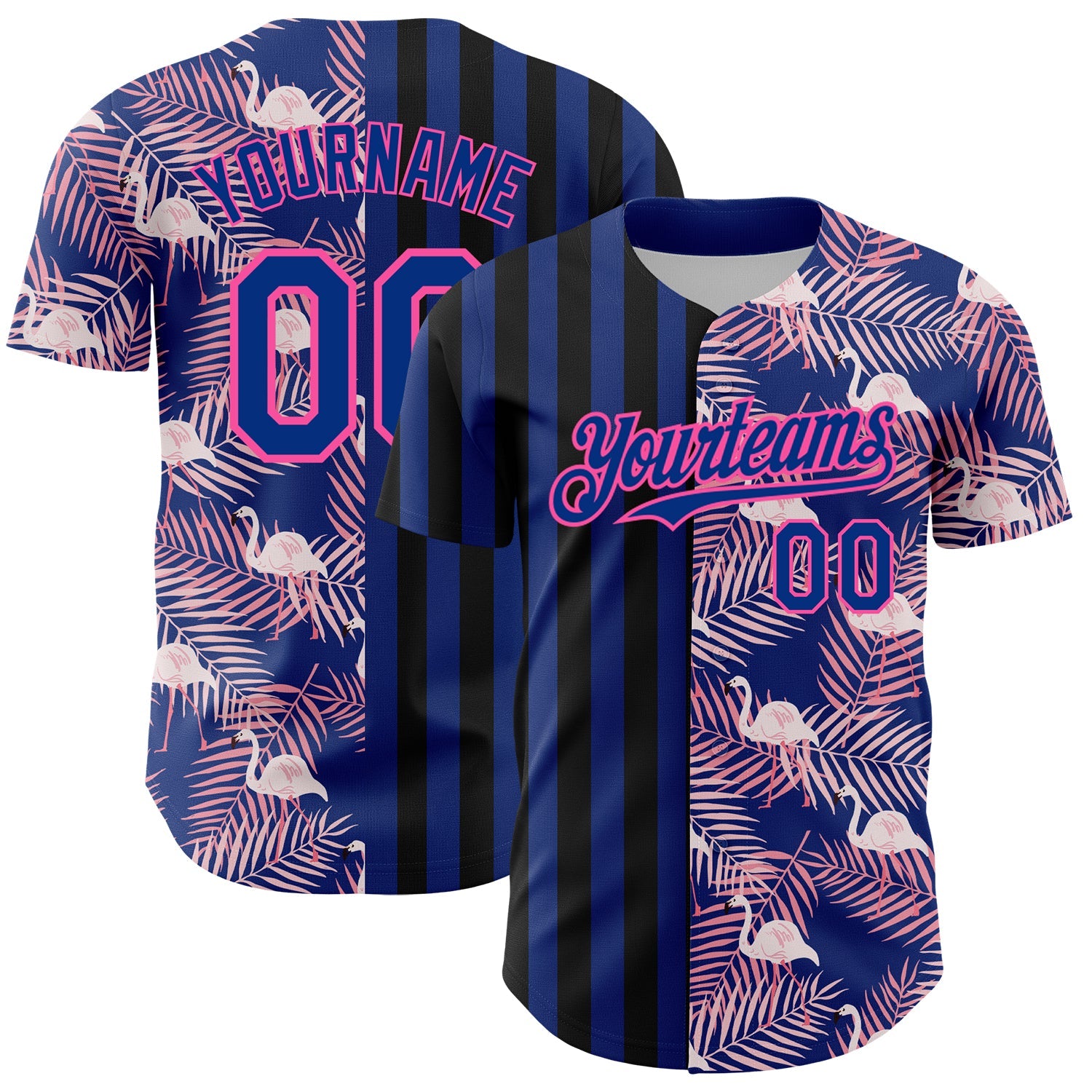 Custom Royal Pink-Black 3D Pattern Design Tropical Palm Leaves And Famingo Authentic Baseball Jersey - Main View