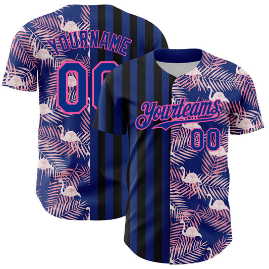 Custom Royal Pink-Black 3D Pattern Design Tropical Palm Leaves And Famingo Authentic Baseball Jersey - Main View