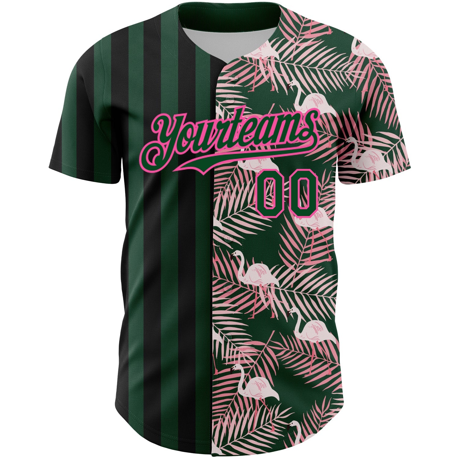 Custom Green Pink-Black 3D Pattern Design Tropical Palm Leaves And Famingo Authentic Baseball Jersey view 2