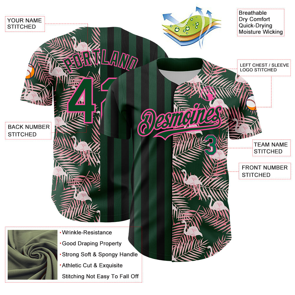 Custom Green Pink-Black 3D Pattern Design Tropical Palm Leaves And Famingo Authentic Baseball Jersey view 3