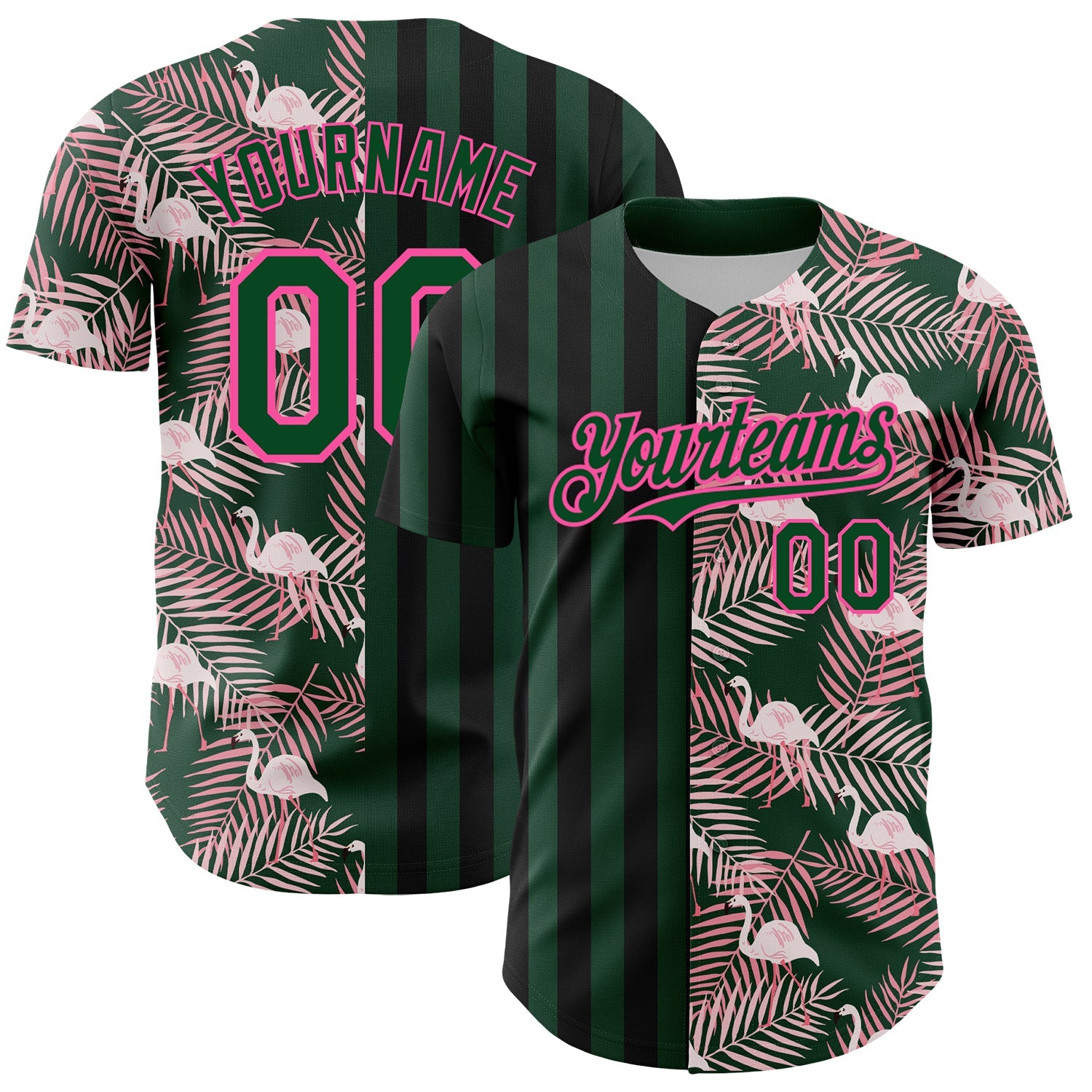 Custom Green Pink-Black 3D Pattern Design Tropical Palm Leaves And Famingo Authentic Baseball Jersey - Main View