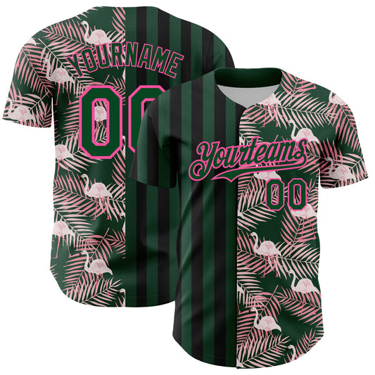 Custom Green Pink-Black 3D Pattern Design Tropical Palm Leaves And Famingo Authentic Baseball Jersey - Main View