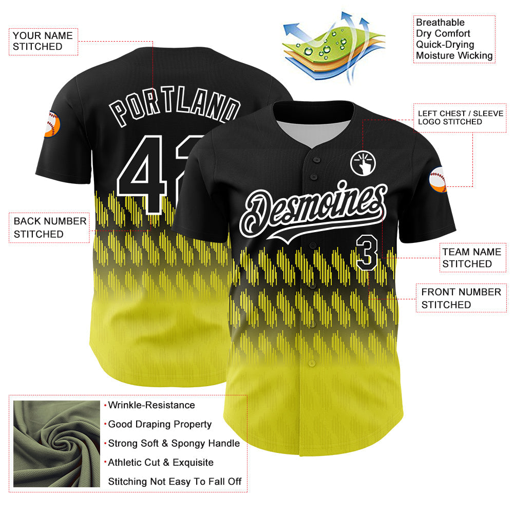 Custom Black Light Yellow-White 3D Pattern Design Lines Authentic Baseball Jersey view 3