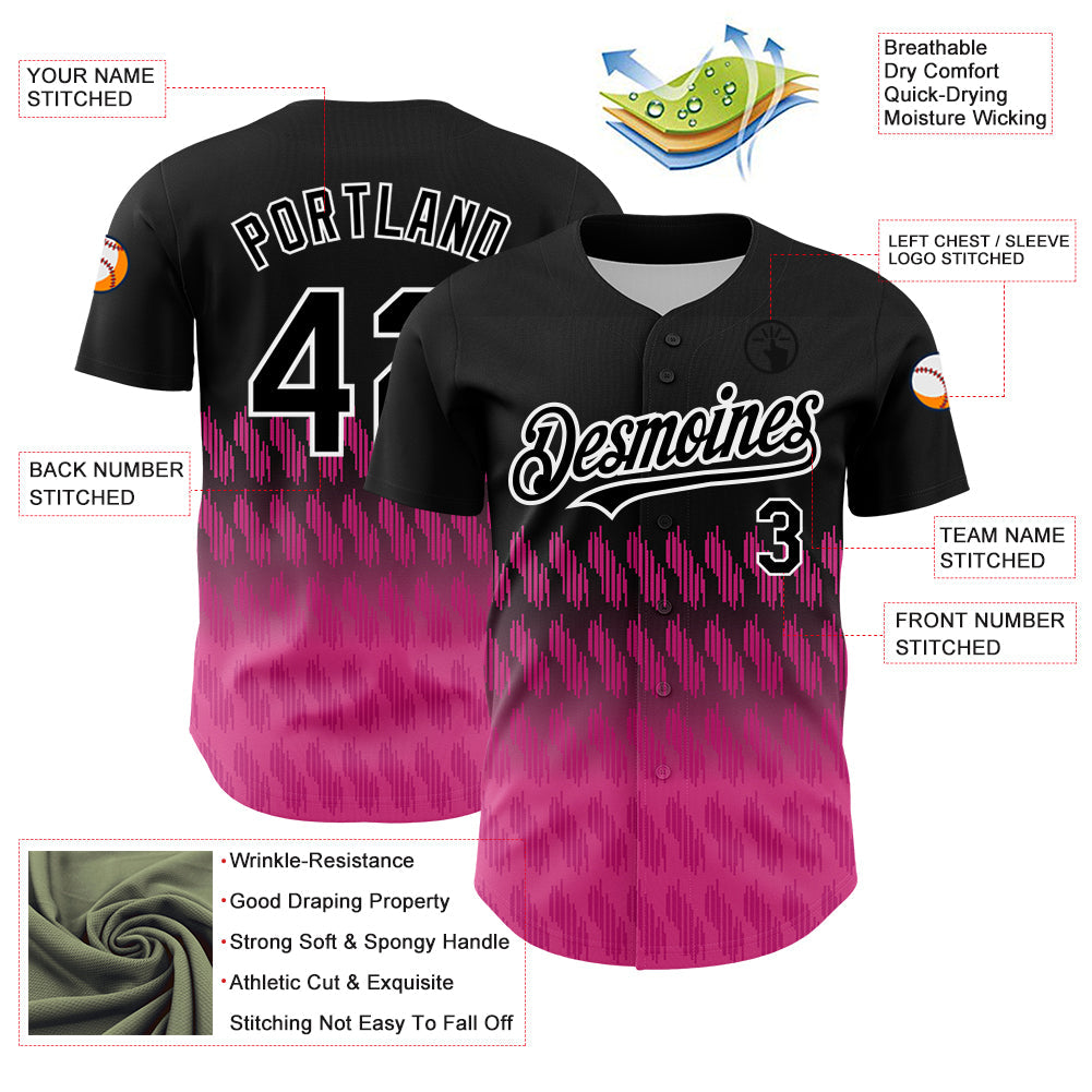 Custom Black Pink-White 3D Pattern Design Lines Authentic Baseball Jersey view 3