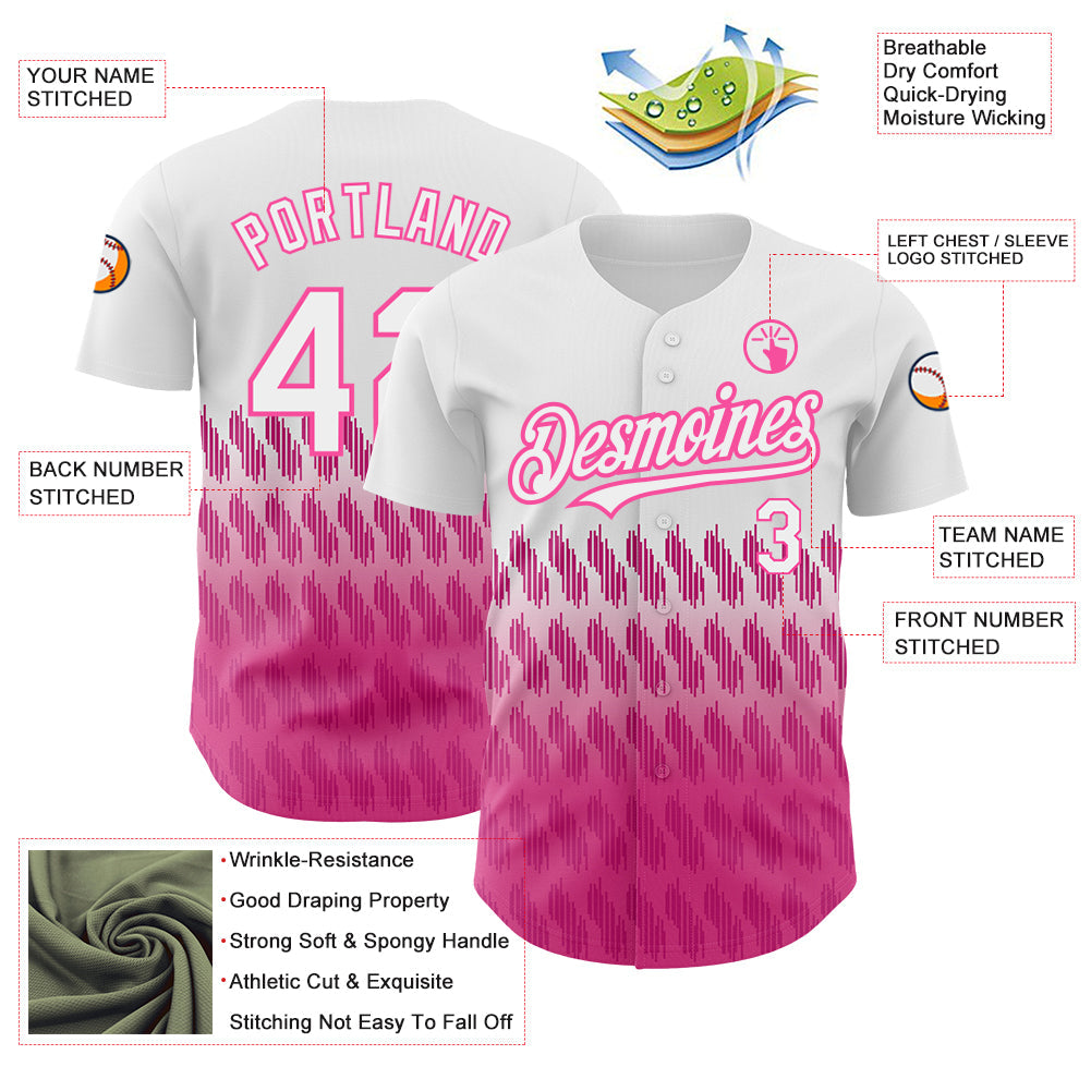 Custom White Pink 3D Pattern Design Lines Authentic Baseball Jersey view 3