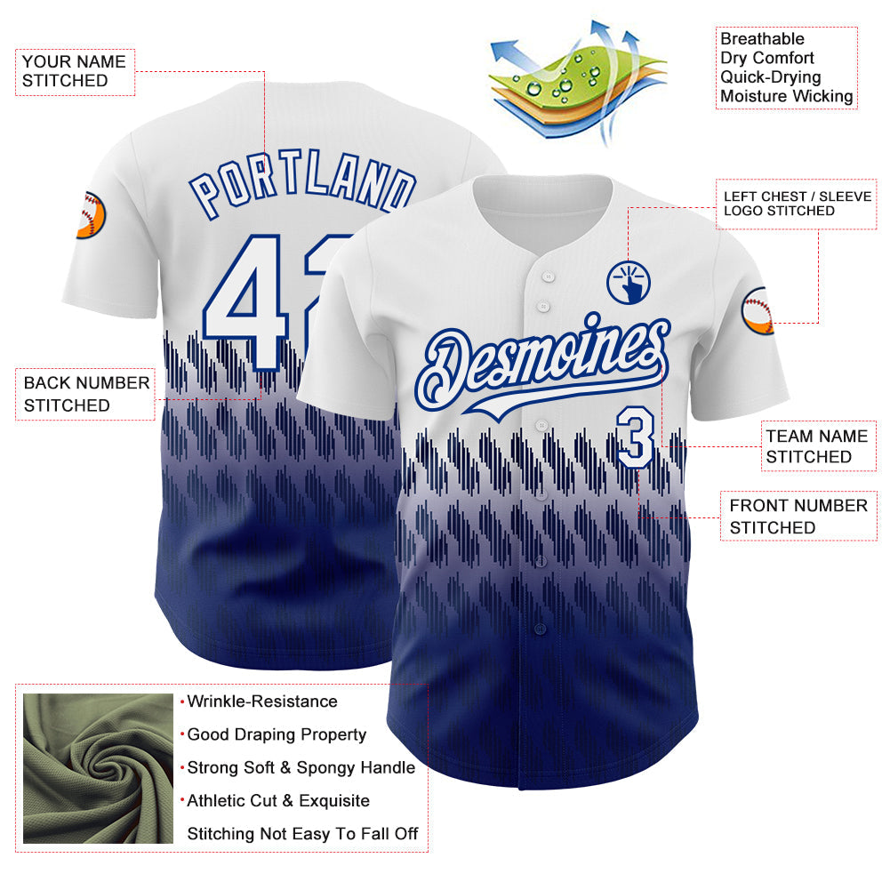 Custom White Royal 3D Pattern Design Lines Authentic Baseball Jersey view 3