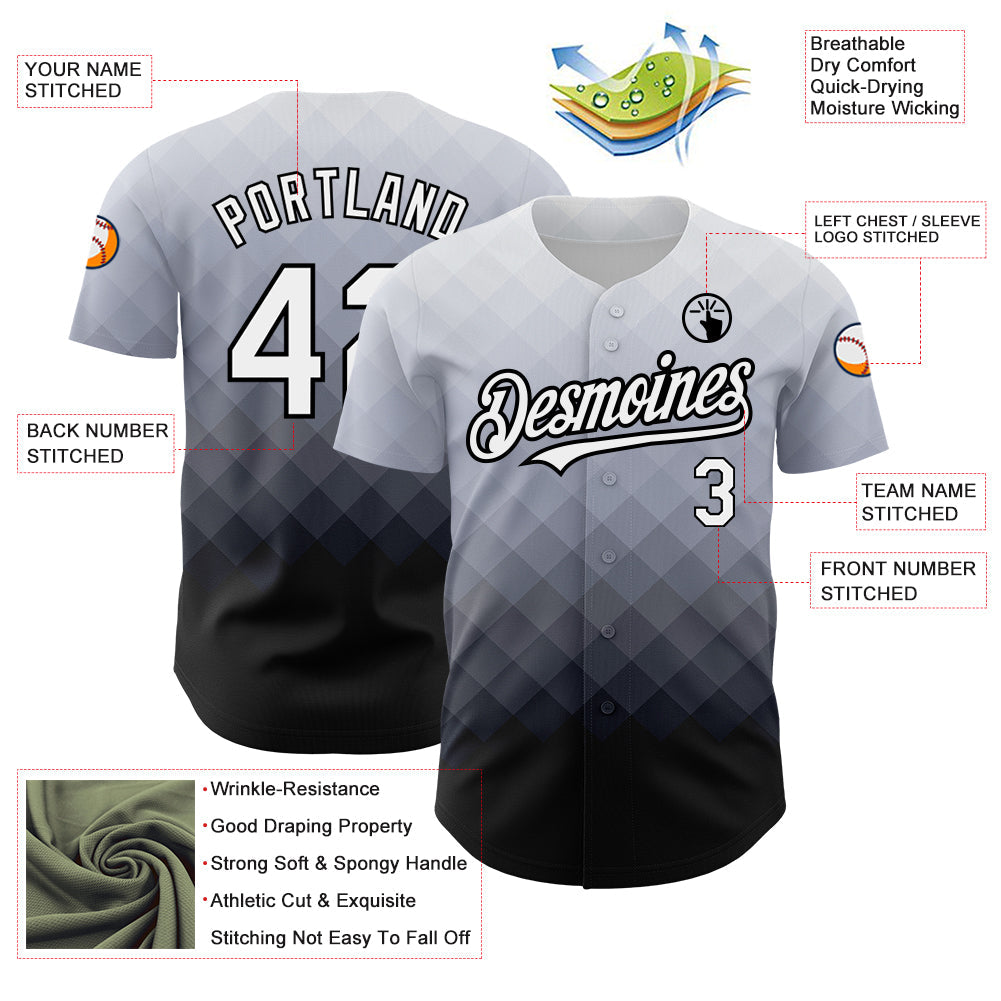 Custom Gray White-Black 3D Pattern Design Gradient Square Shape Authentic Baseball Jersey view 3