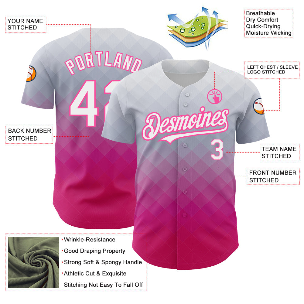 Custom Gray White-Pink 3D Pattern Design Gradient Square Shape Authentic Baseball Jersey view 3