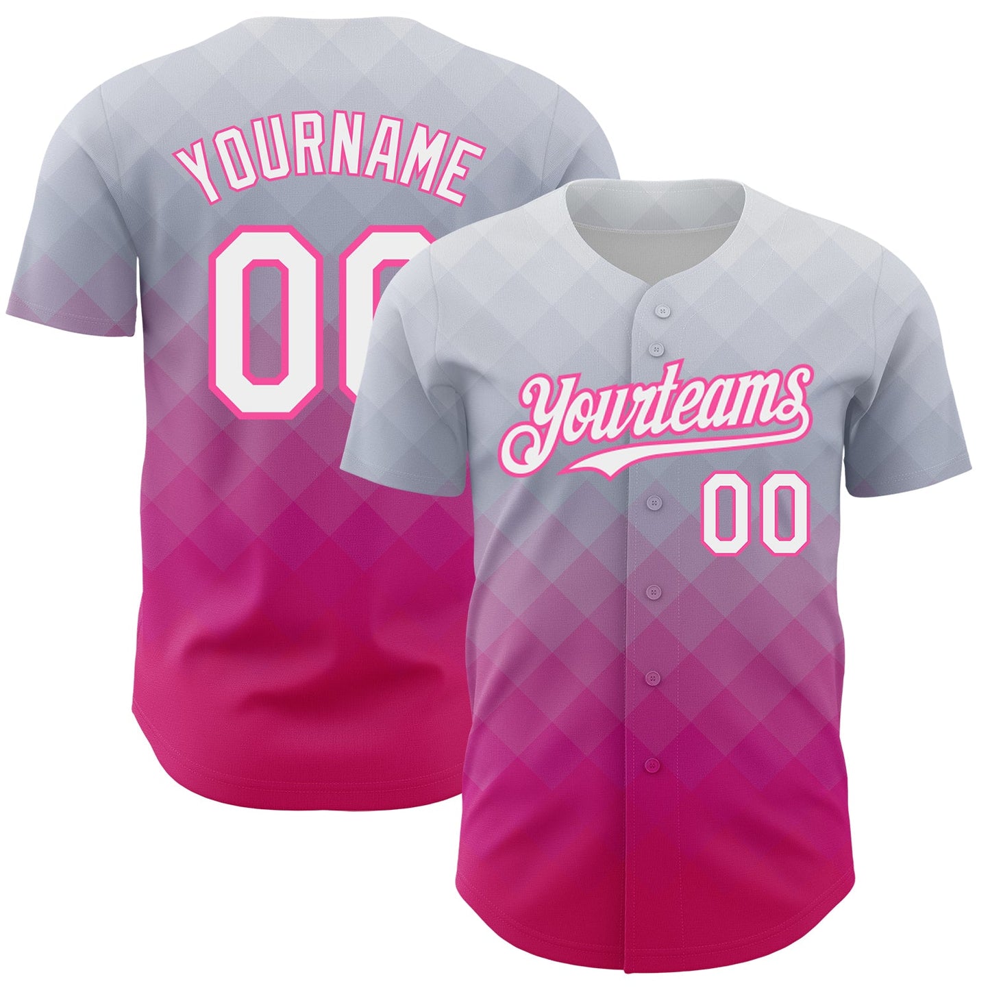 Custom Gray White-Pink 3D Pattern Design Gradient Square Shape Authentic Baseball Jersey - Main View