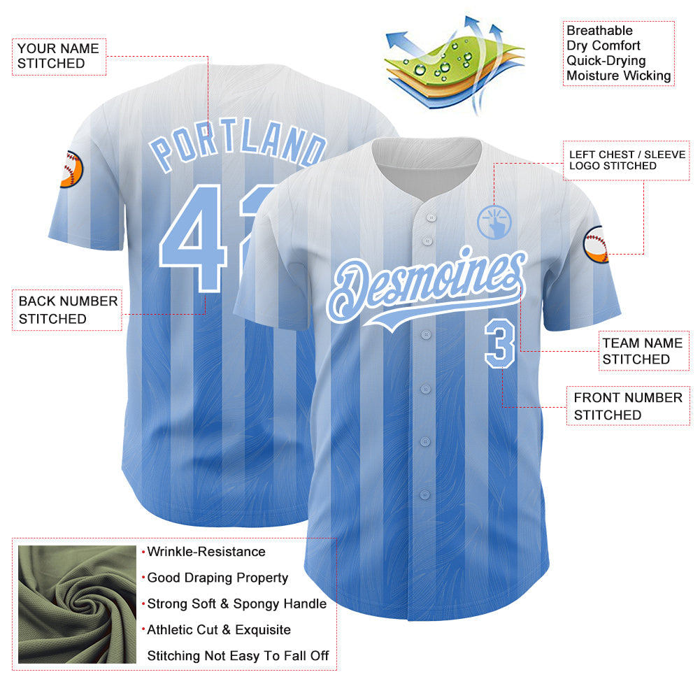 Custom White Light Blue 3D Pattern Design Stripes Authentic Baseball Jersey view 3