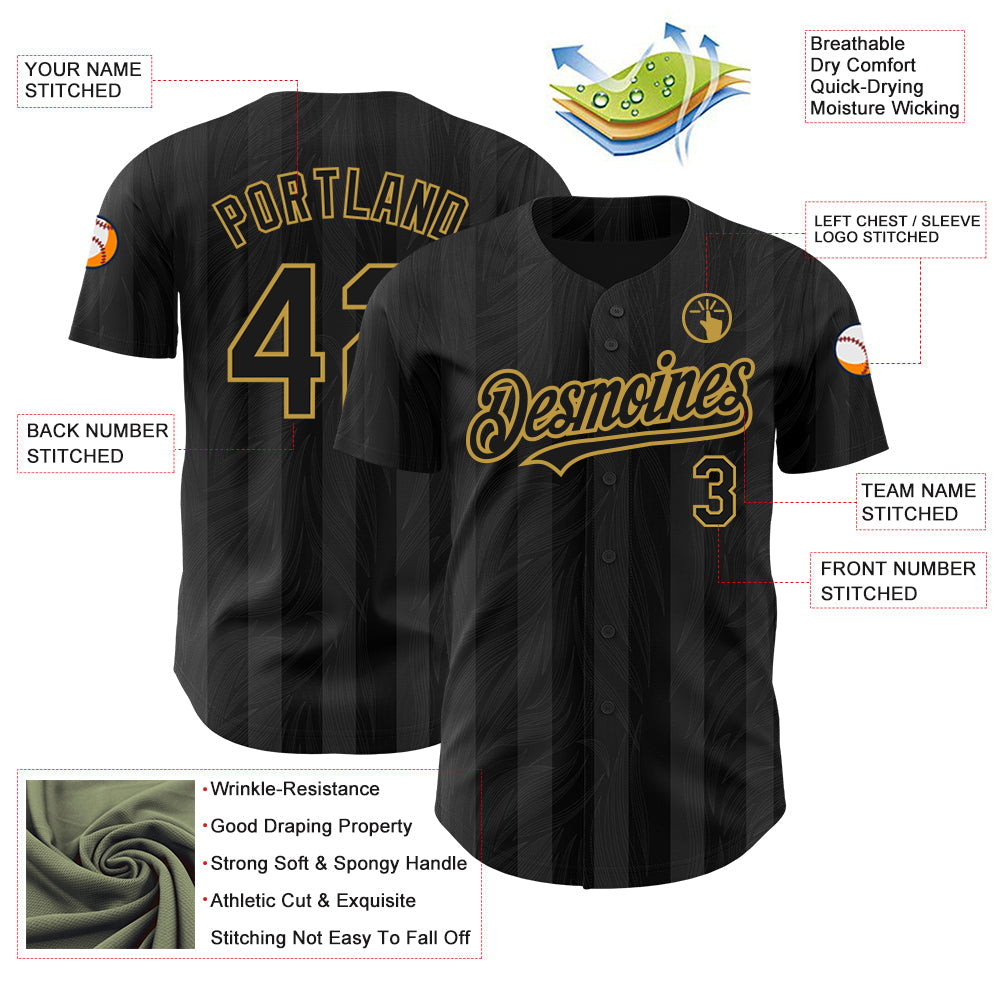 Custom Black Old Gold 3D Pattern Design Stripes Authentic Baseball Jersey view 3