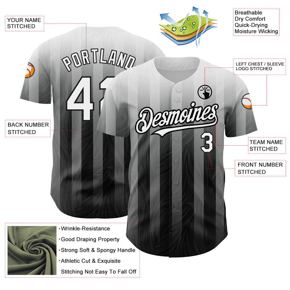 Custom Gray White-Black 3D Pattern Design Stripes Authentic Baseball Jersey view 3