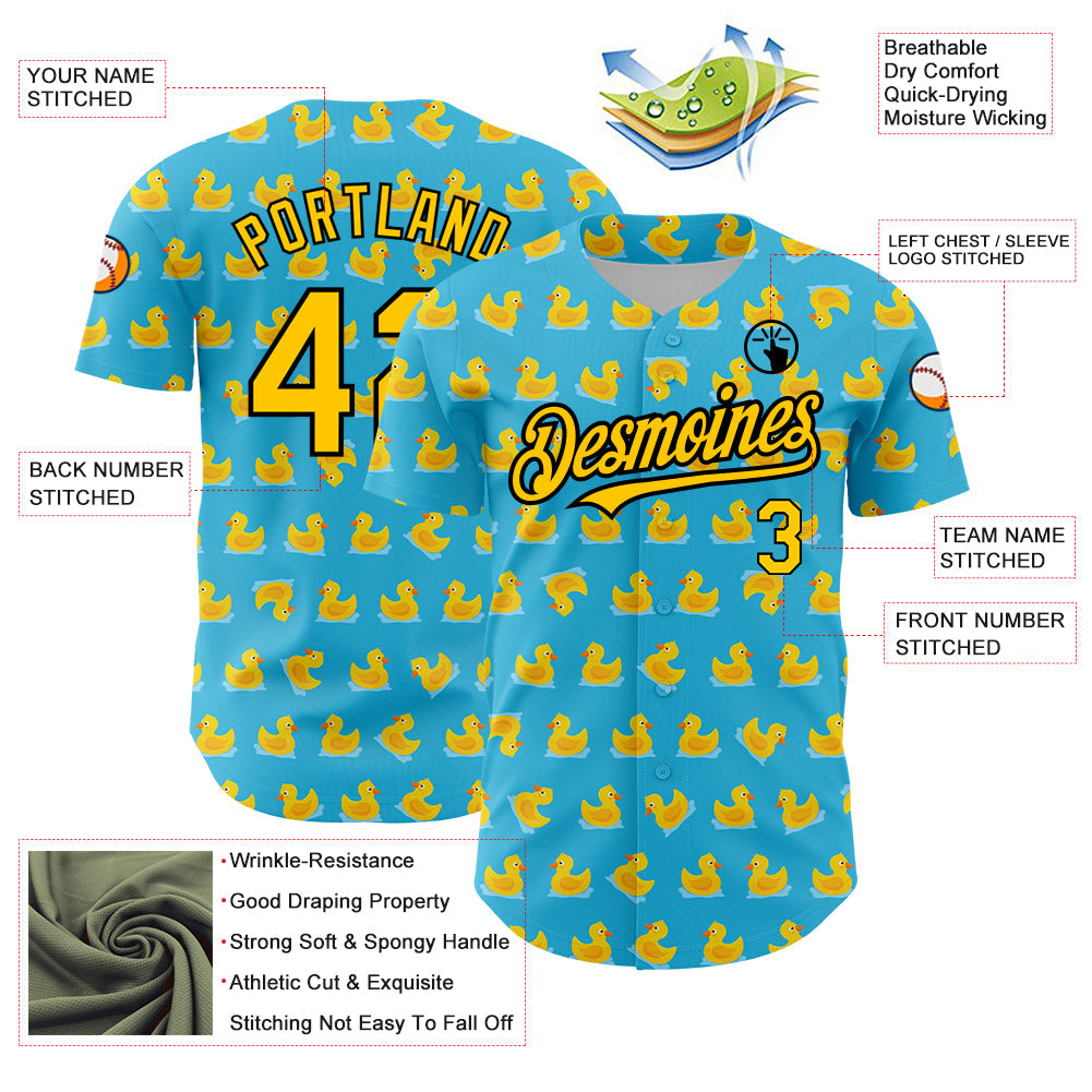 Custom Sky Blue Yellow-Black 3D Pattern Design Duck Authentic Baseball Jersey view 3