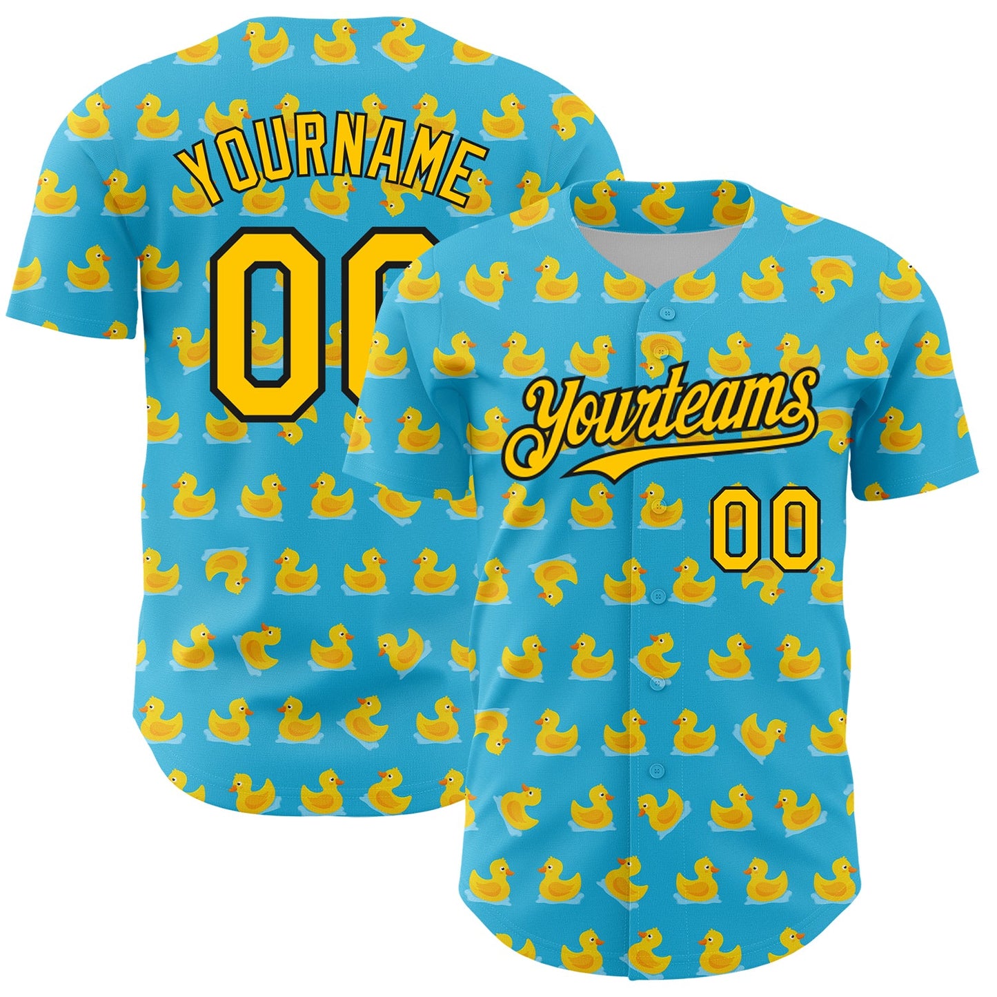 Custom Sky Blue Yellow-Black 3D Pattern Design Duck Authentic Baseball Jersey - Main View