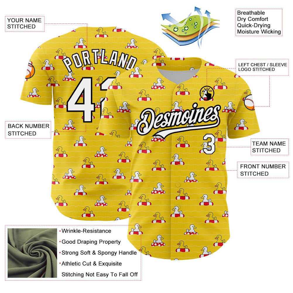 Custom Yellow White-Black 3D Pattern Design Duck Authentic Baseball Jersey view 3