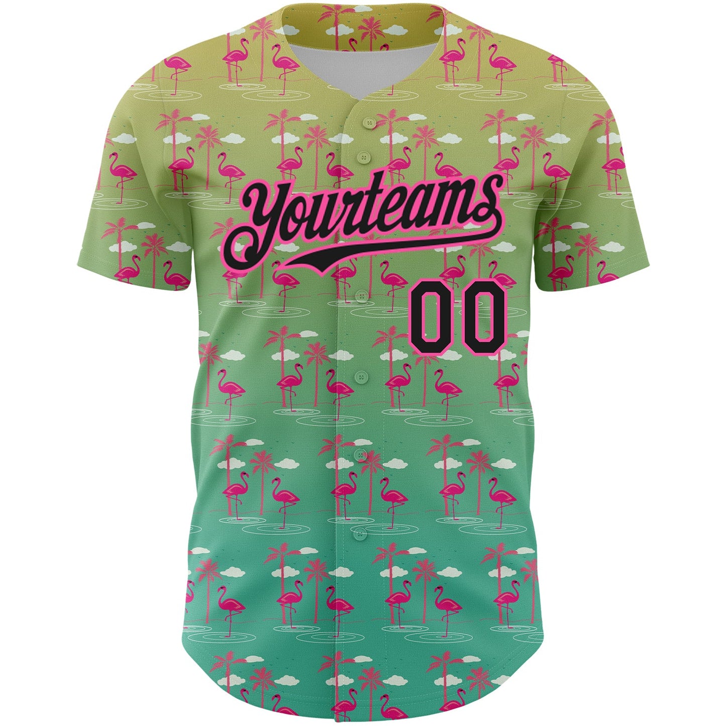 Custom Green Black-Pink 3D Pattern Design Tropical Hawaii Palm Trees And Flamingo Authentic Baseball Jersey view 2