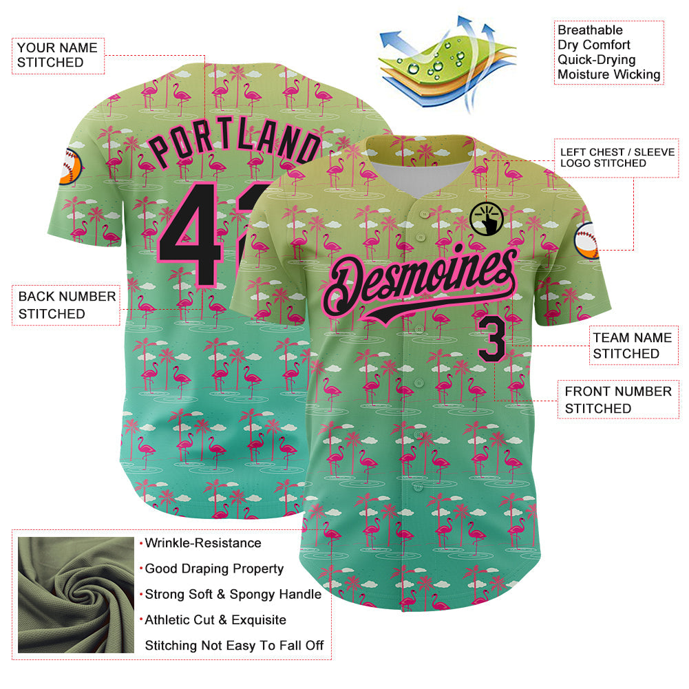 Custom Green Black-Pink 3D Pattern Design Tropical Hawaii Palm Trees And Flamingo Authentic Baseball Jersey view 3