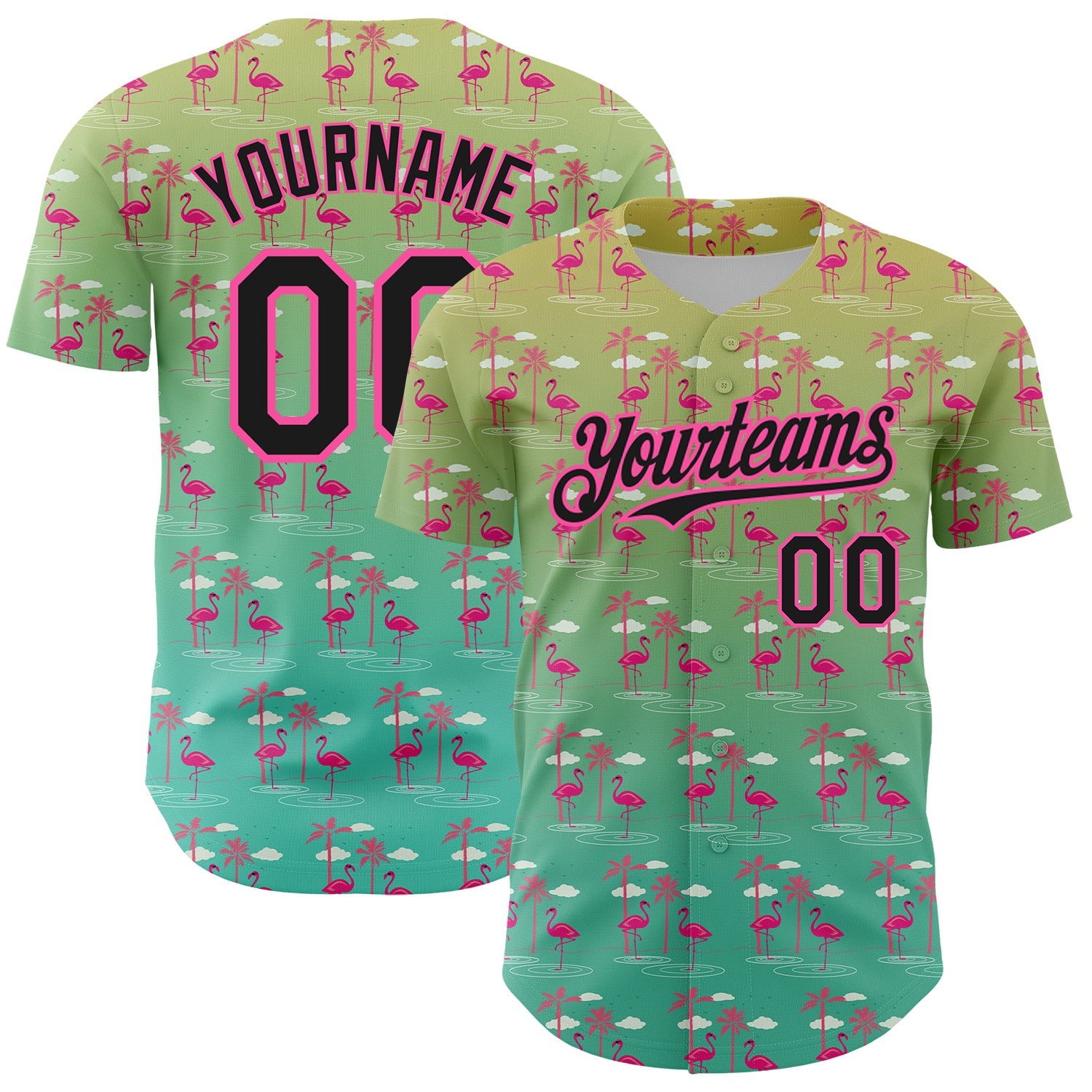 Custom Green Black-Pink 3D Pattern Design Tropical Hawaii Palm Trees And Flamingo Authentic Baseball Jersey - Main View