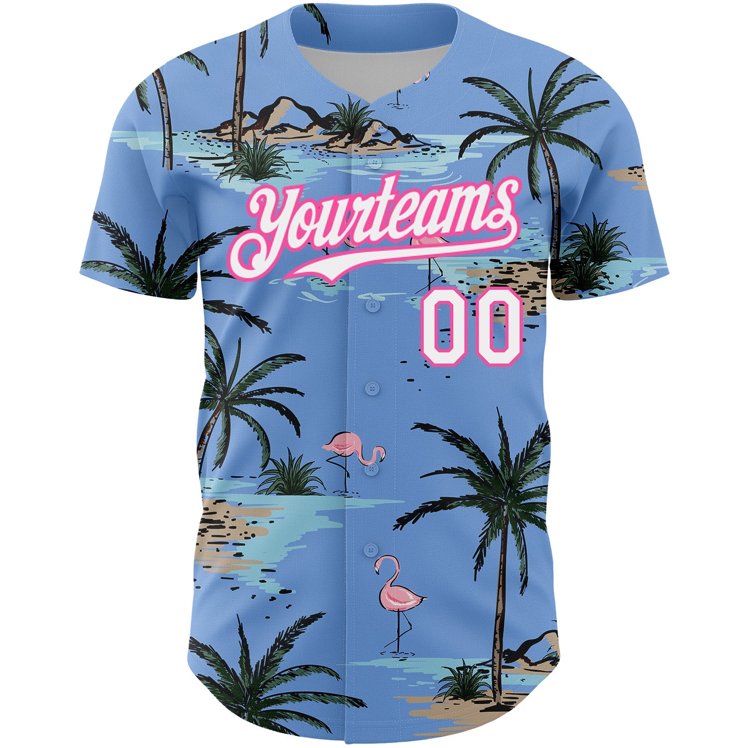 Custom Light Blue White-Pink 3D Pattern Design Tropical Hawaii Palm Trees Authentic Baseball Jersey view 2