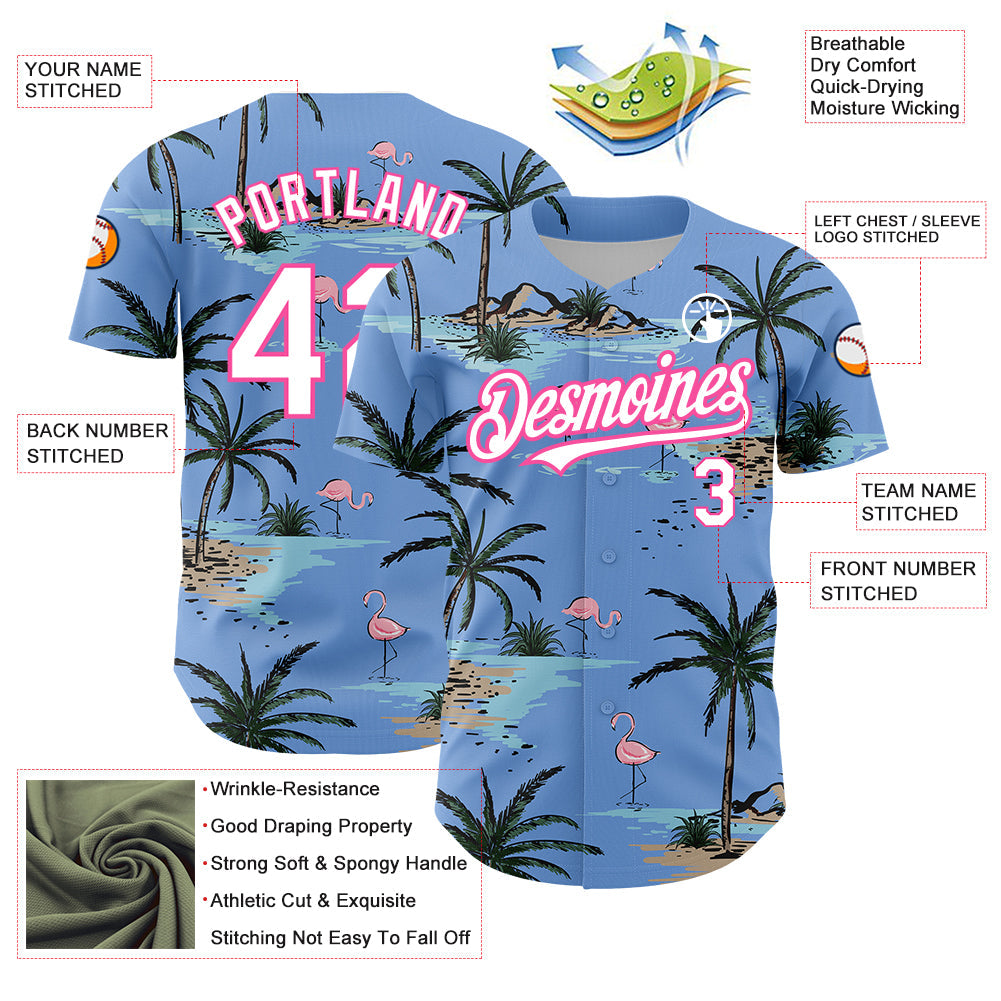 Custom Light Blue White-Pink 3D Pattern Design Tropical Hawaii Palm Trees Authentic Baseball Jersey view 3