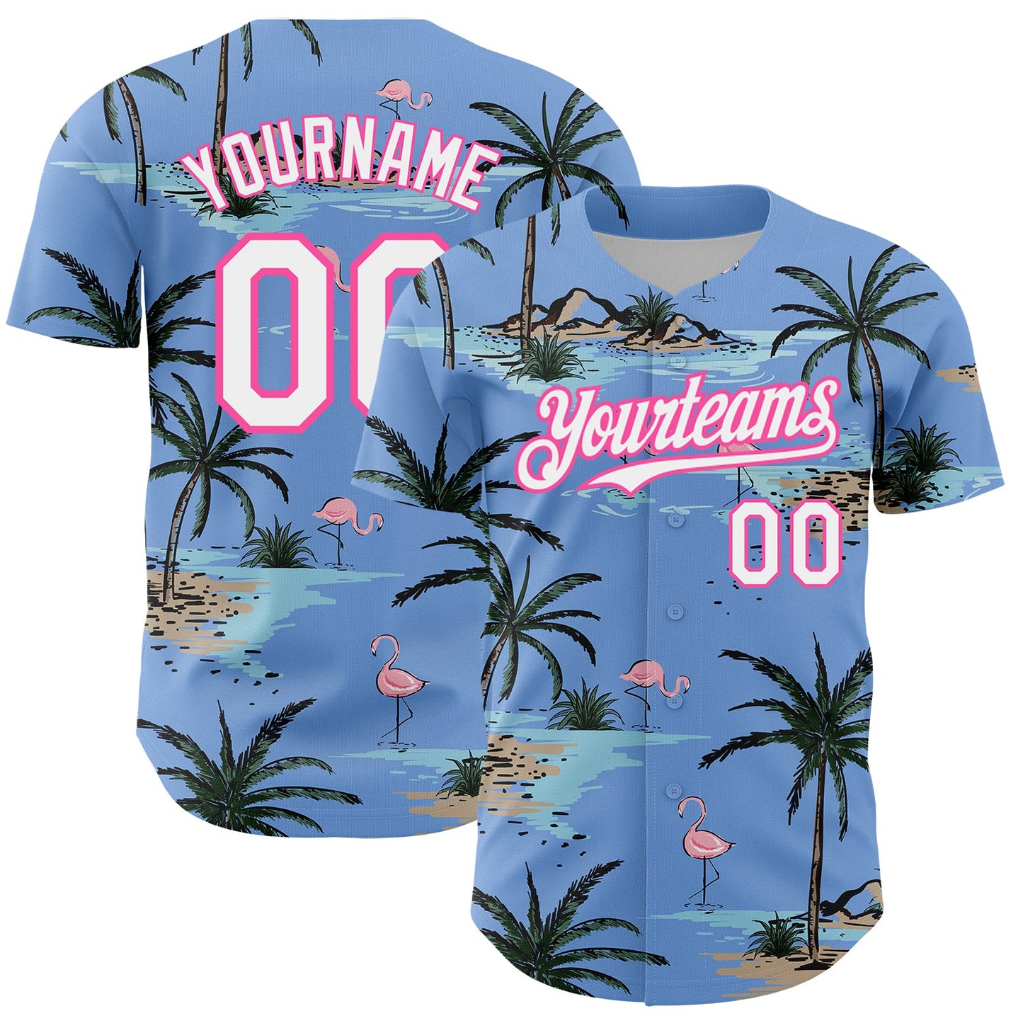 Custom Light Blue White-Pink 3D Pattern Design Tropical Hawaii Palm Trees Authentic Baseball Jersey - Main View