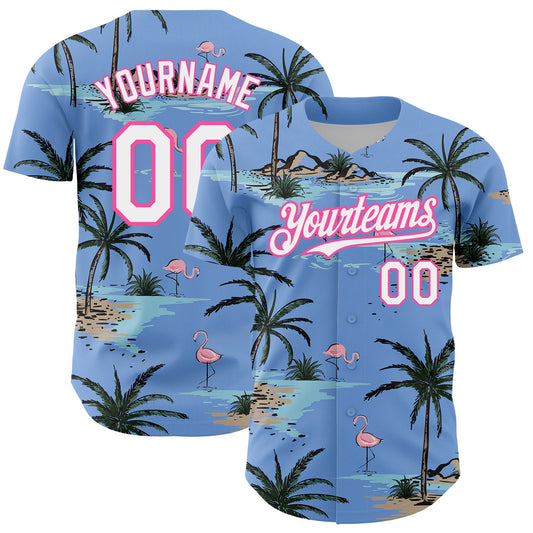 Custom Light Blue White-Pink 3D Pattern Design Tropical Hawaii Palm Trees Authentic Baseball Jersey - Main View