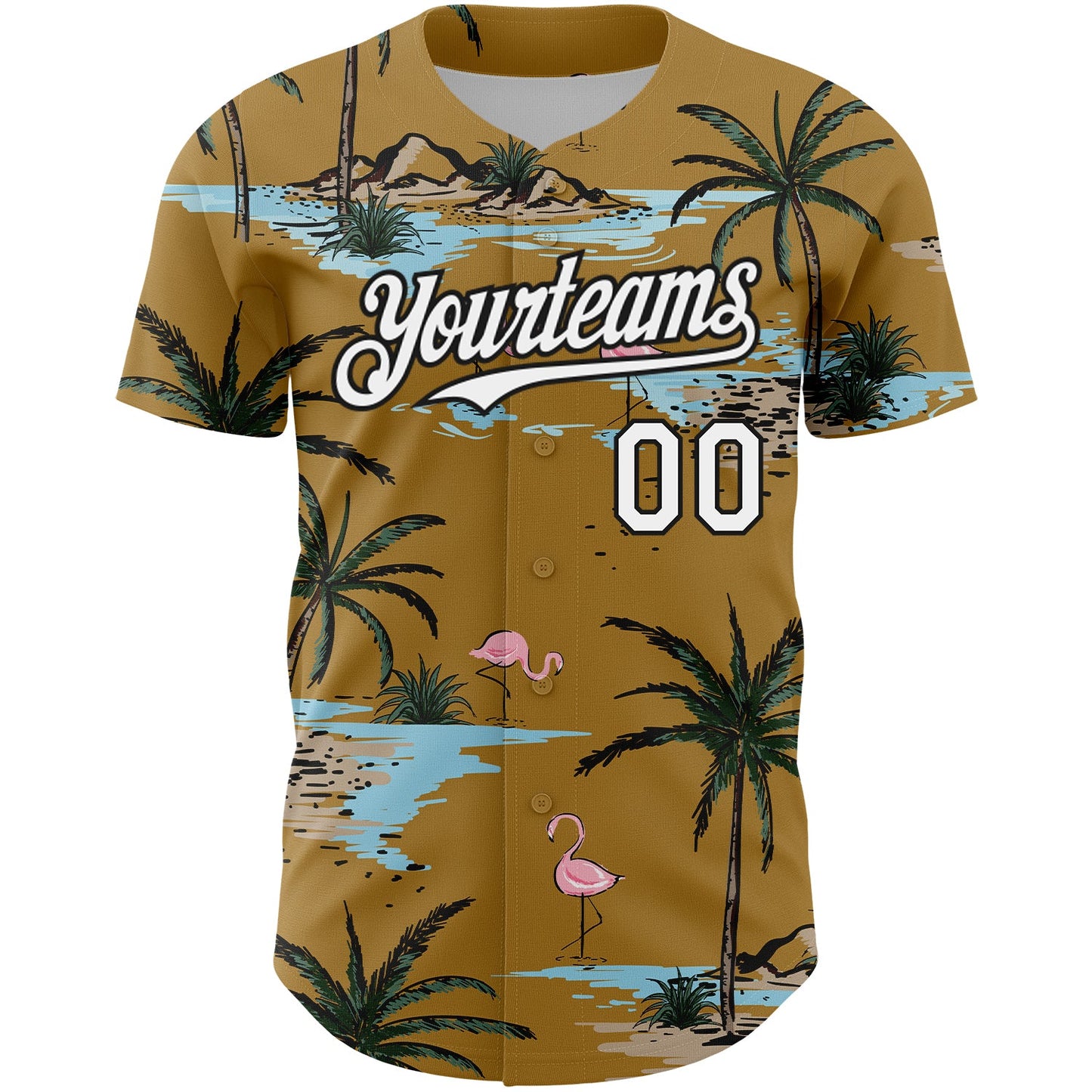 Custom Old Gold White-Black 3D Pattern Design Tropical Hawaii Palm Trees Authentic Baseball Jersey view 2
