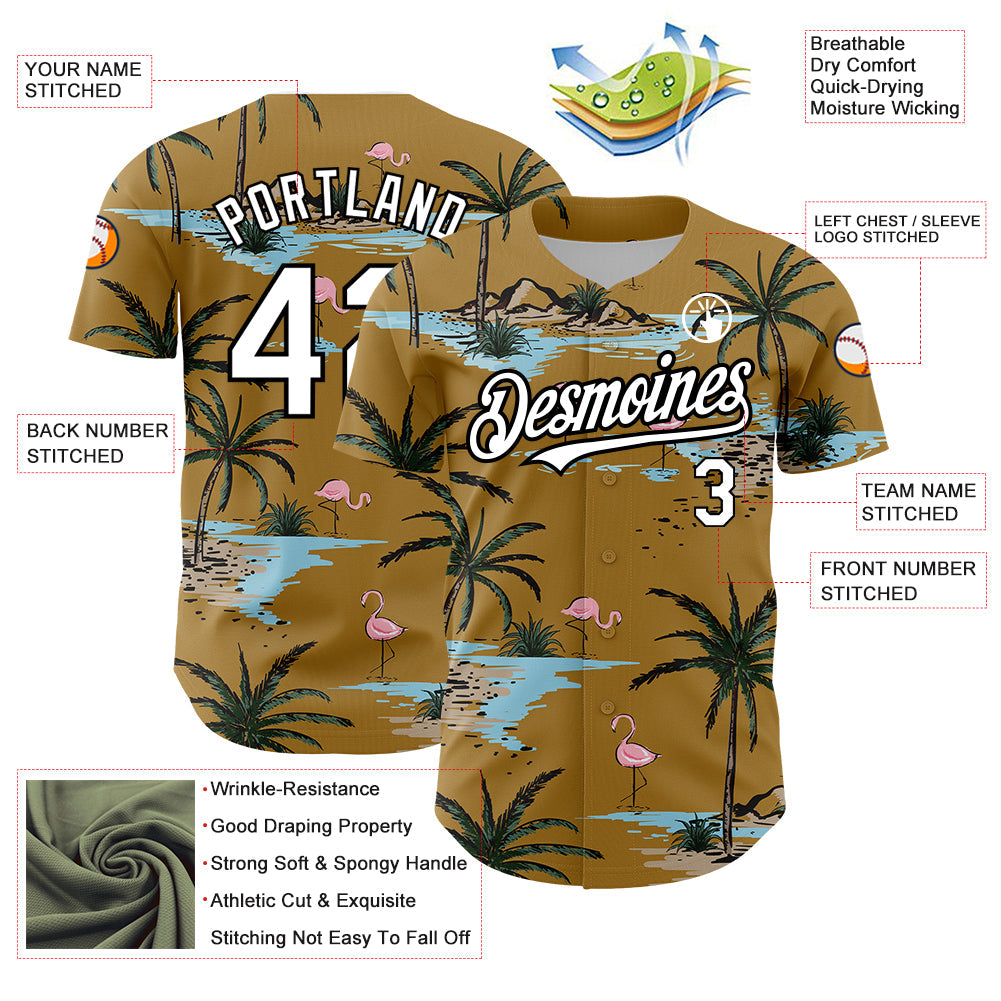 Custom Old Gold White-Black 3D Pattern Design Tropical Hawaii Palm Trees Authentic Baseball Jersey view 3