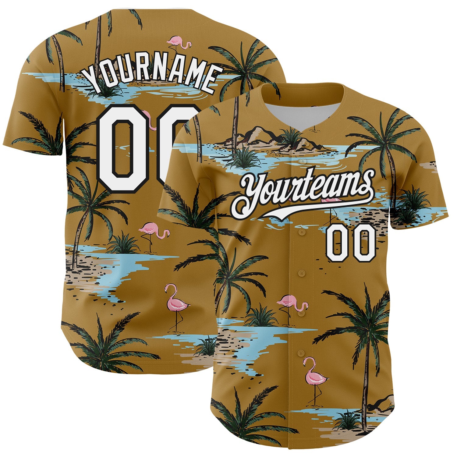 Custom Old Gold White-Black 3D Pattern Design Tropical Hawaii Palm Trees Authentic Baseball Jersey - Main View