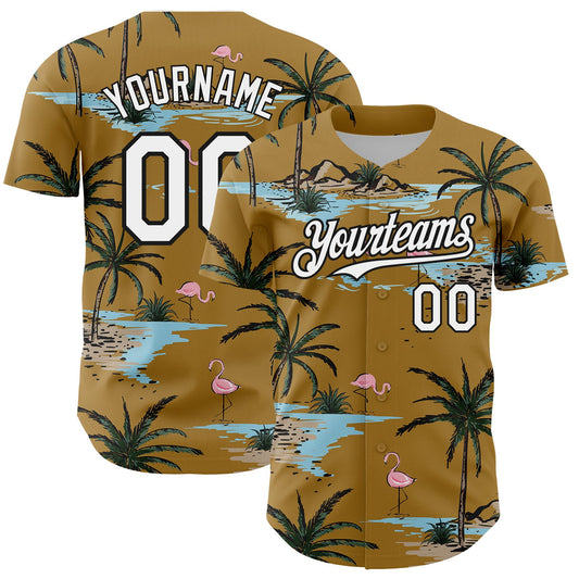 Custom Old Gold White-Black 3D Pattern Design Tropical Hawaii Palm Trees Authentic Baseball Jersey - Main View