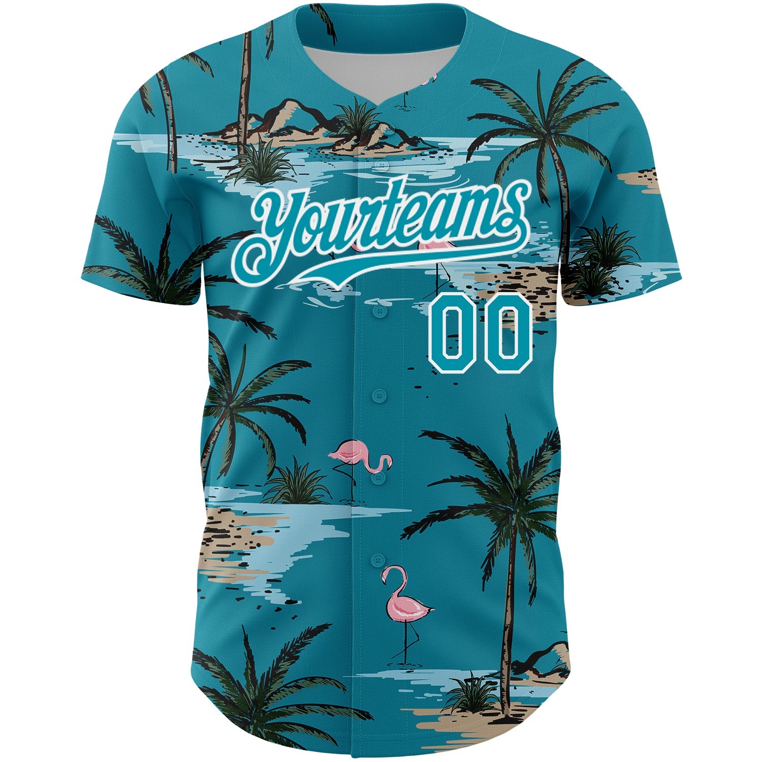 Custom Teal White 3D Pattern Design Tropical Hawaii Palm Trees Authentic Baseball Jersey view 2