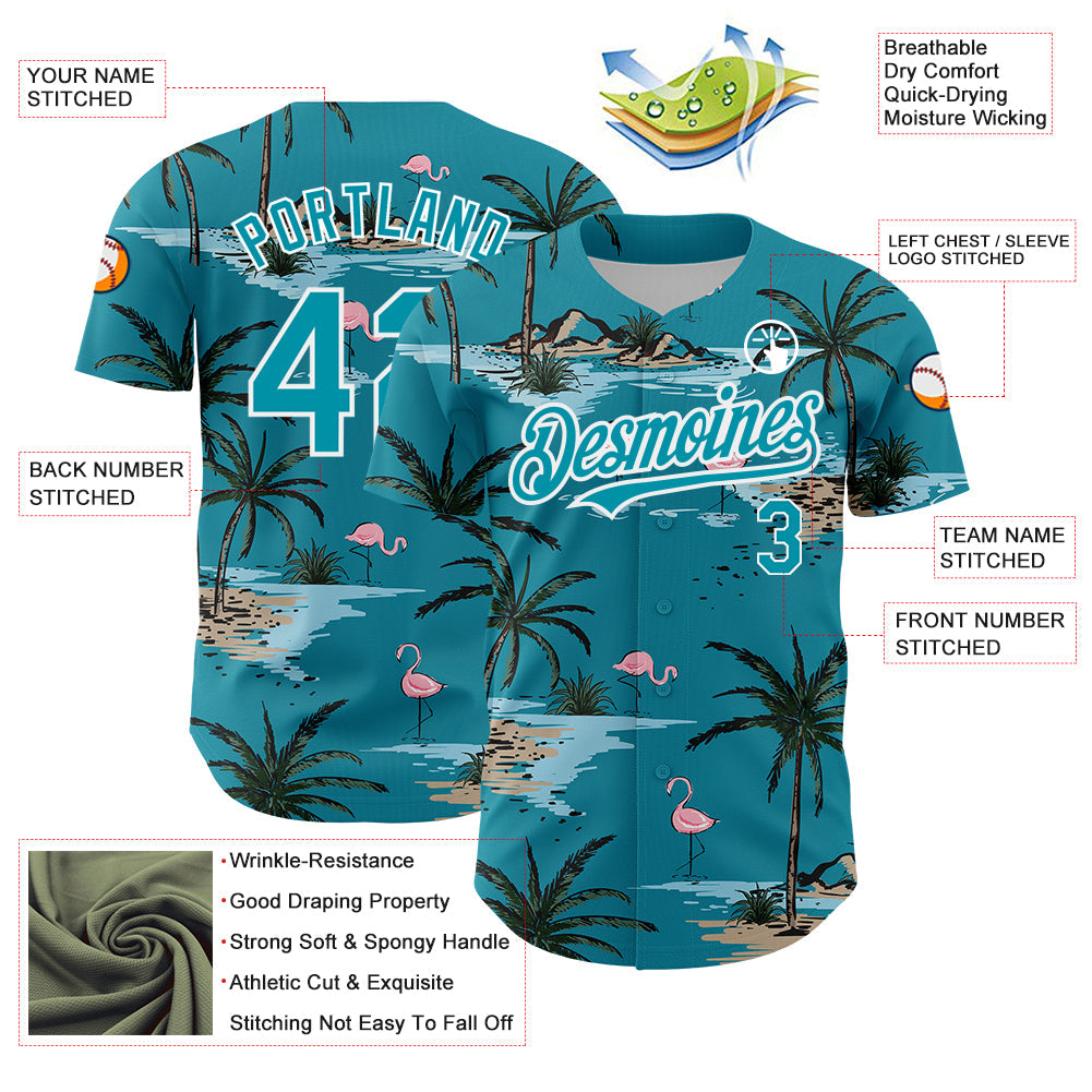 Custom Teal White 3D Pattern Design Tropical Hawaii Palm Trees Authentic Baseball Jersey view 3