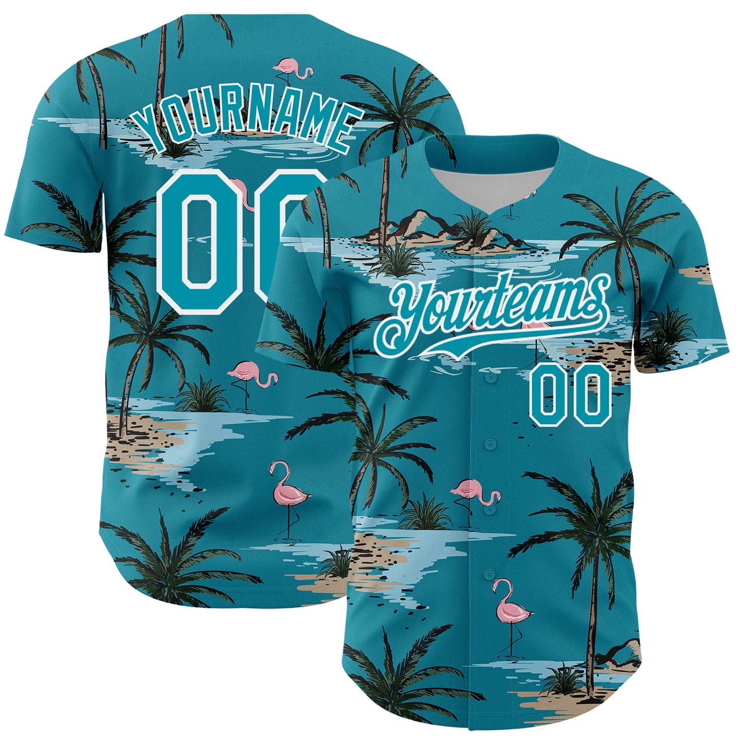 Custom Teal White 3D Pattern Design Tropical Hawaii Palm Trees Authentic Baseball Jersey - Main View
