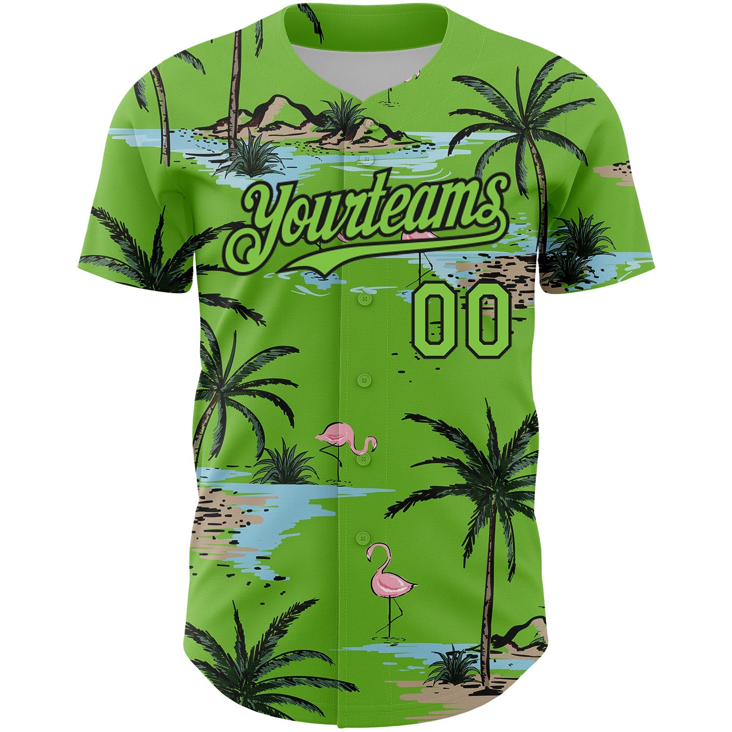 Custom Neon Green Black 3D Pattern Design Tropical Hawaii Palm Trees Authentic Baseball Jersey view 2