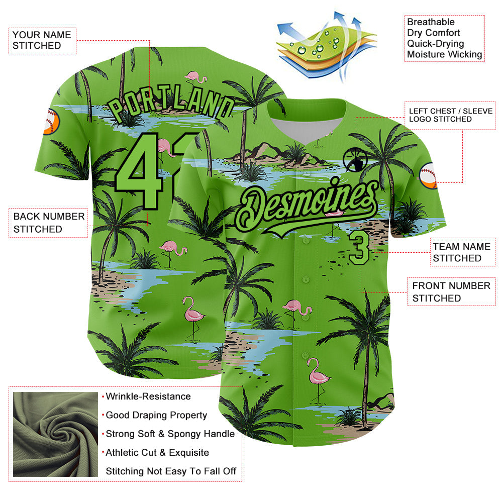 Custom Neon Green Black 3D Pattern Design Tropical Hawaii Palm Trees Authentic Baseball Jersey view 3