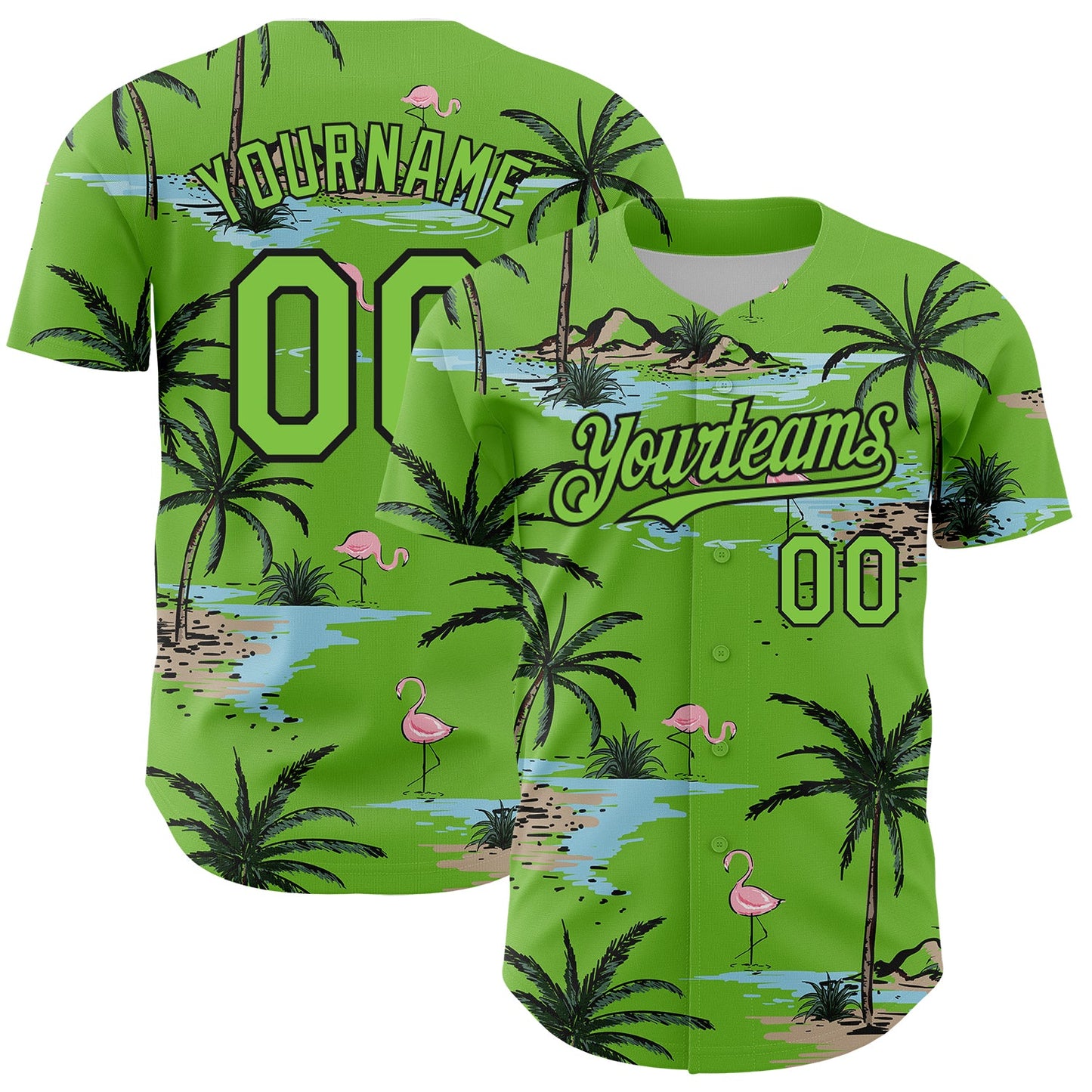 Custom Neon Green Black 3D Pattern Design Tropical Hawaii Palm Trees Authentic Baseball Jersey - Main View