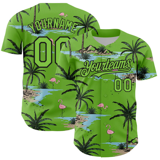 Custom Neon Green Black 3D Pattern Design Tropical Hawaii Palm Trees Authentic Baseball Jersey - Main View
