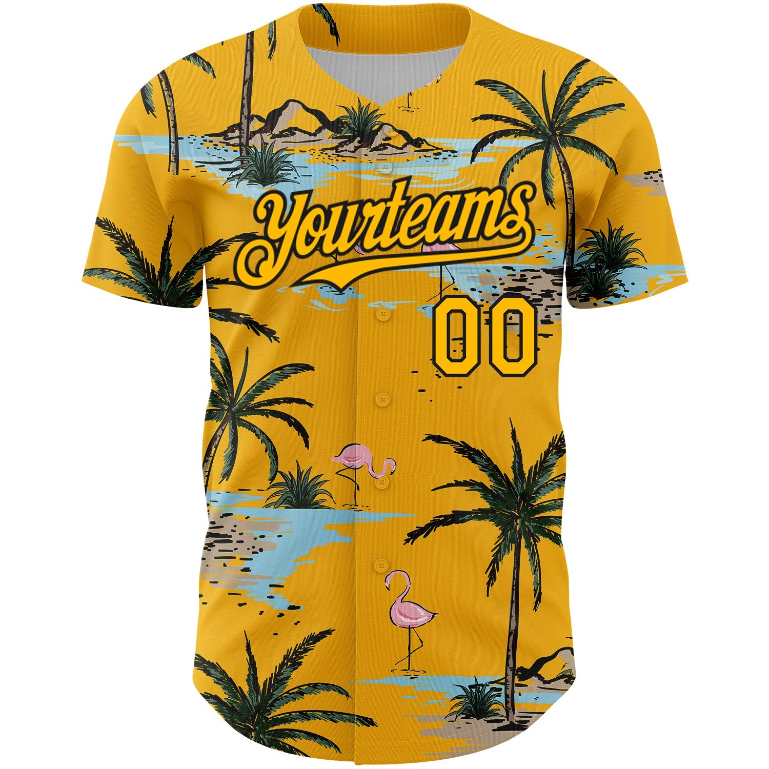 Custom Yellow Black 3D Pattern Design Tropical Hawaii Palm Trees Authentic Baseball Jersey view 2
