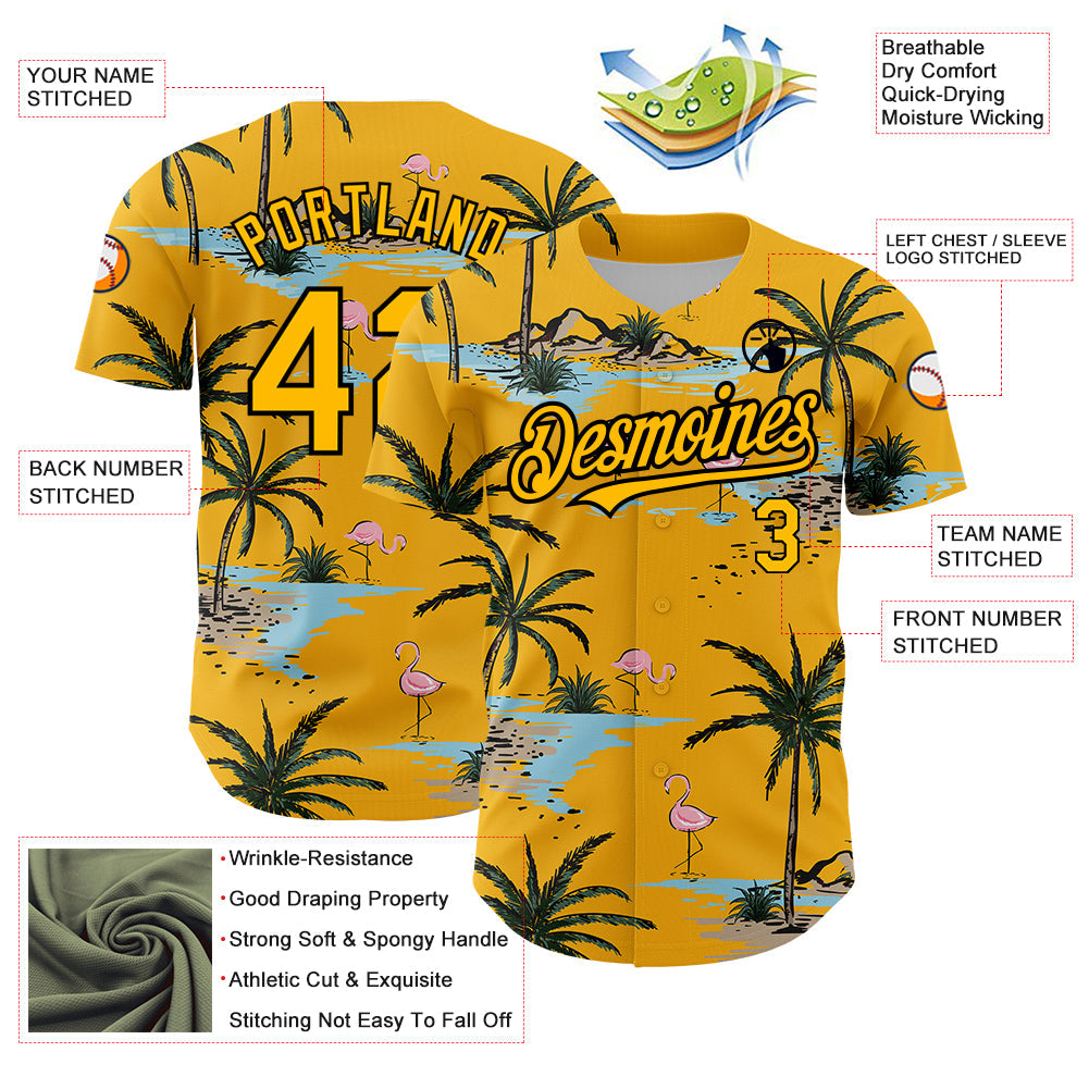 Custom Yellow Black 3D Pattern Design Tropical Hawaii Palm Trees Authentic Baseball Jersey view 3