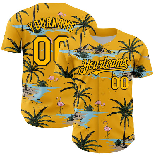 Custom Yellow Black 3D Pattern Design Tropical Hawaii Palm Trees Authentic Baseball Jersey - Main View