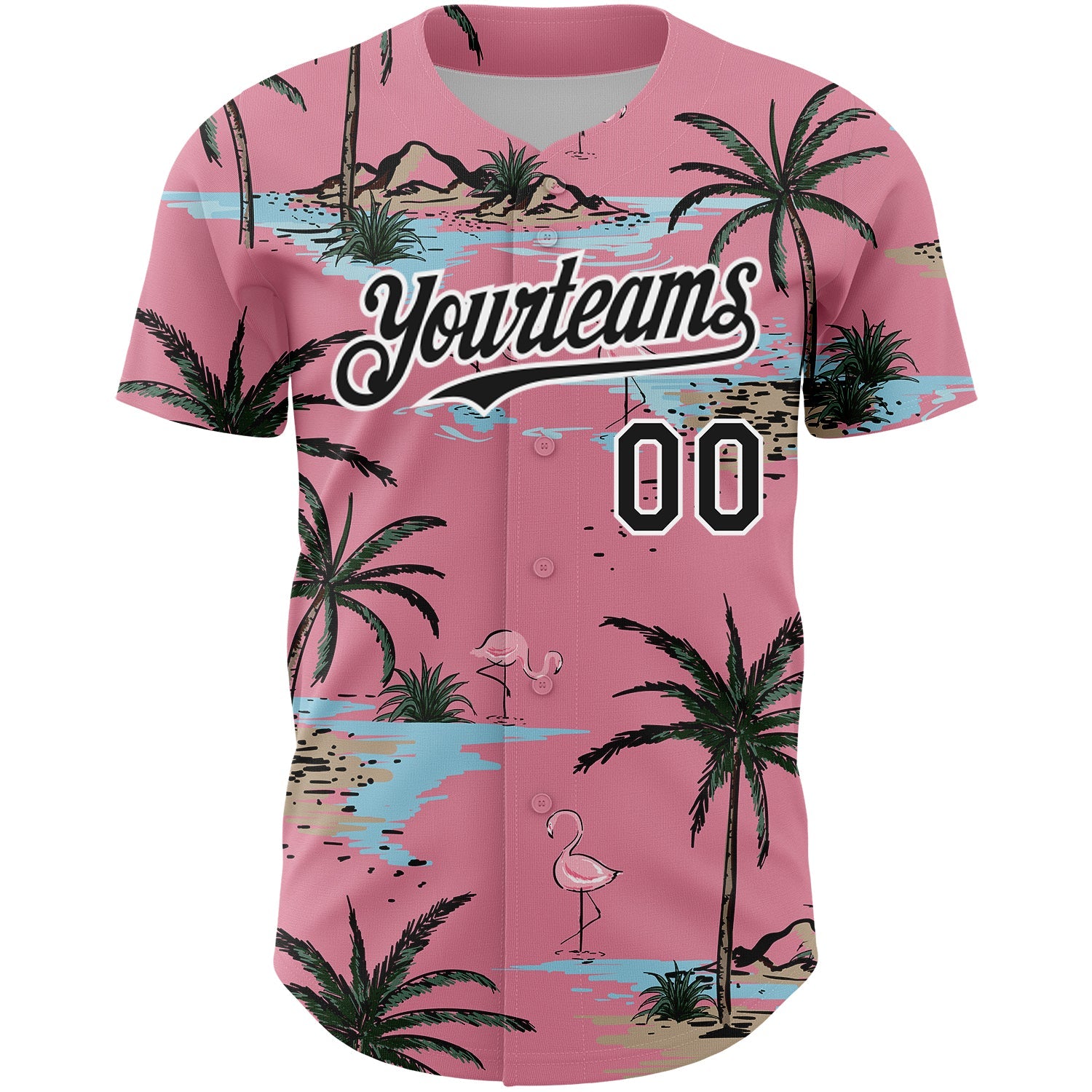 Custom Medium Pink Black-White 3D Pattern Design Tropical Hawaii Palm Trees Authentic Baseball Jersey view 2