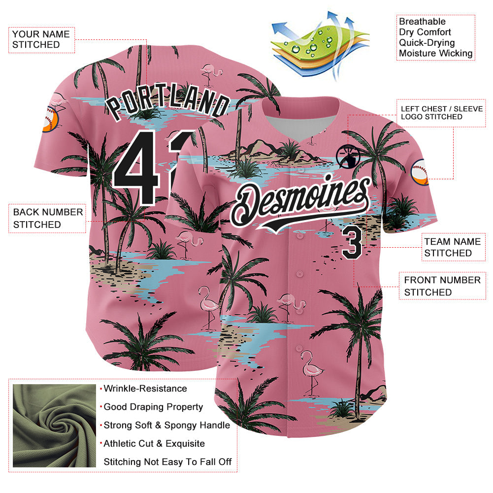 Custom Medium Pink Black-White 3D Pattern Design Tropical Hawaii Palm Trees Authentic Baseball Jersey view 3