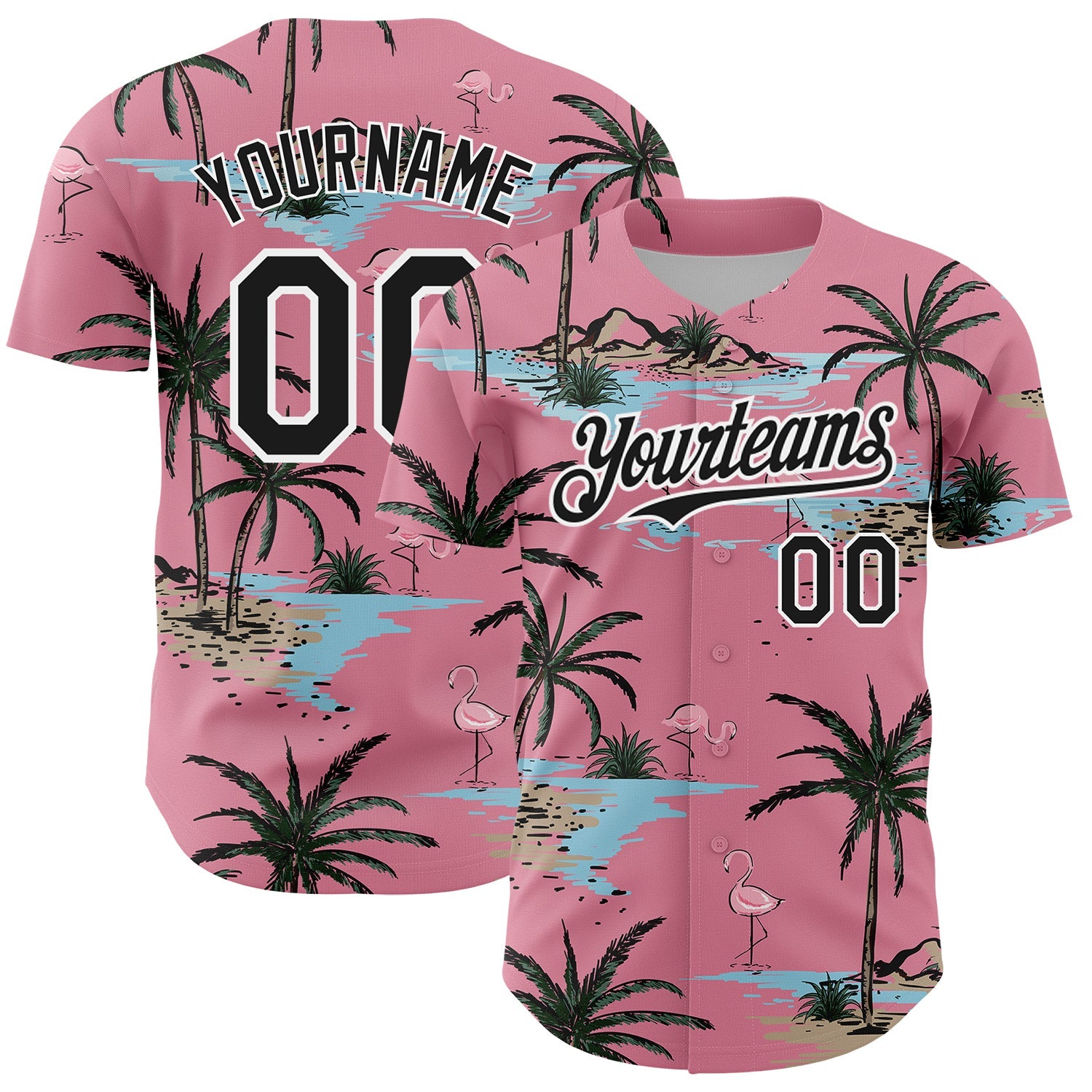 Custom Medium Pink Black-White 3D Pattern Design Tropical Hawaii Palm Trees Authentic Baseball Jersey - Main View