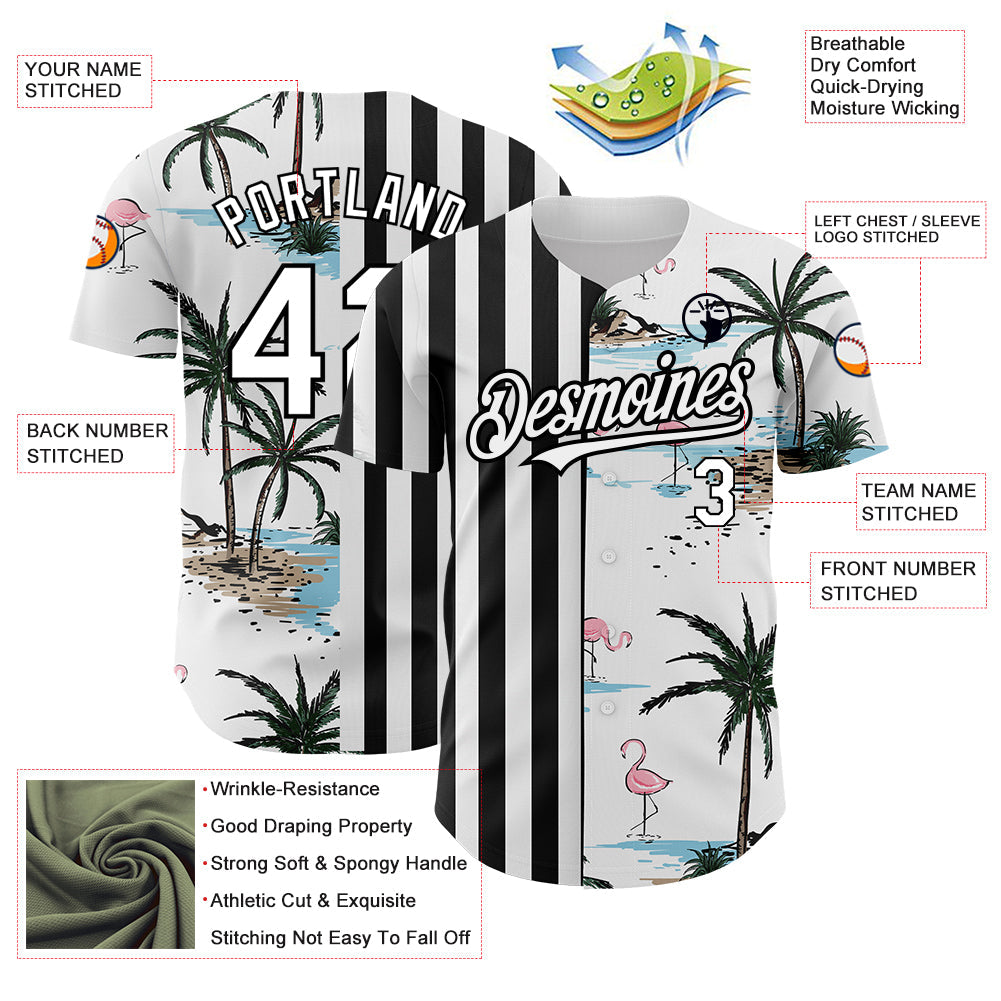 Custom White Black 3D Pattern Design Tropical Hawaii Palm Trees Authentic Baseball Jersey view 3