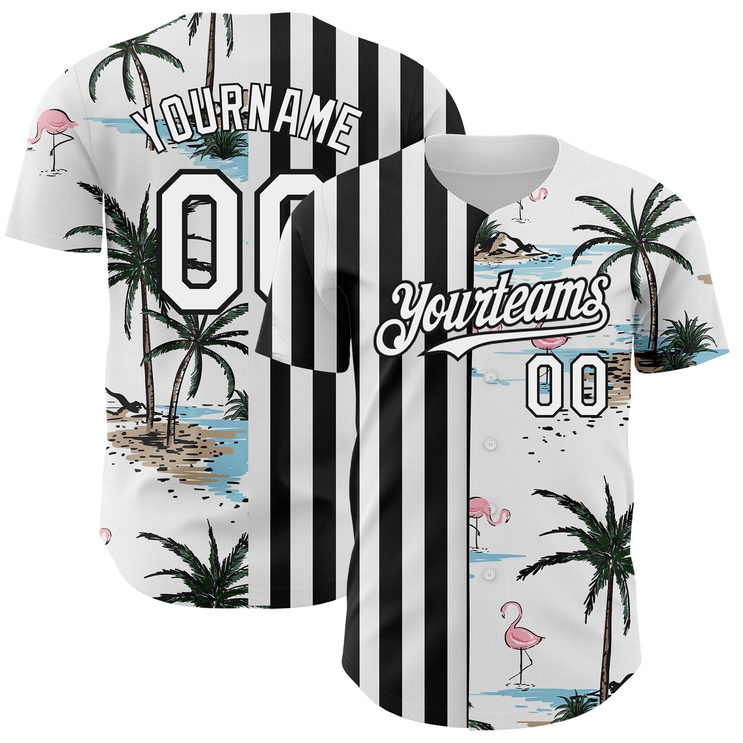 Custom White Black 3D Pattern Design Tropical Hawaii Palm Trees Authentic Baseball Jersey - Main View
