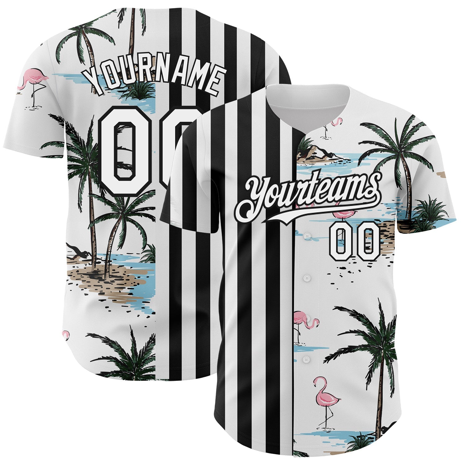 Custom White Black 3D Pattern Design Tropical Hawaii Palm Trees Authentic Baseball Jersey - Main View