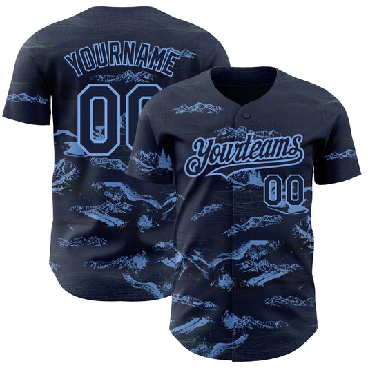 Custom Navy Light Blue 3D Pattern Design Mountain Authentic Baseball Jersey - Main View