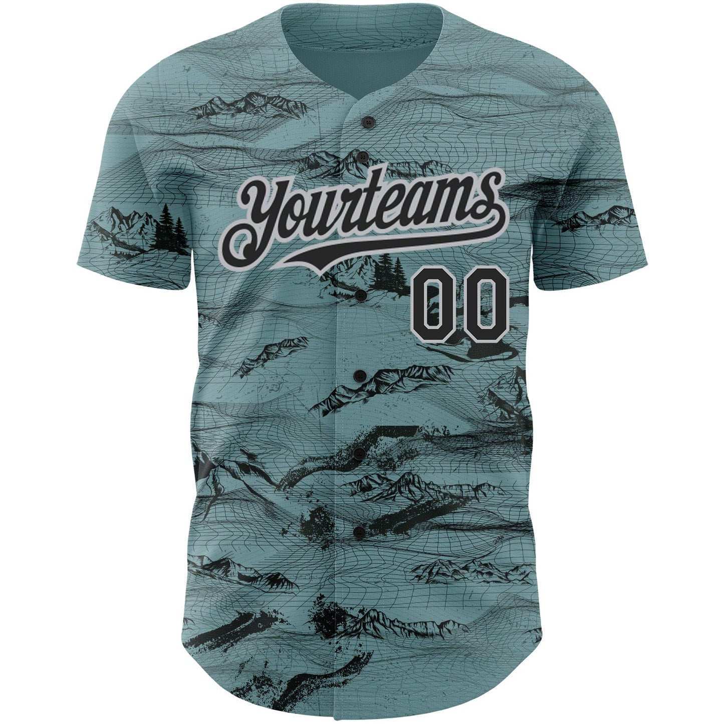 Custom Green Black Gray 3D Pattern Design Mountain Authentic Baseball Jersey view 2