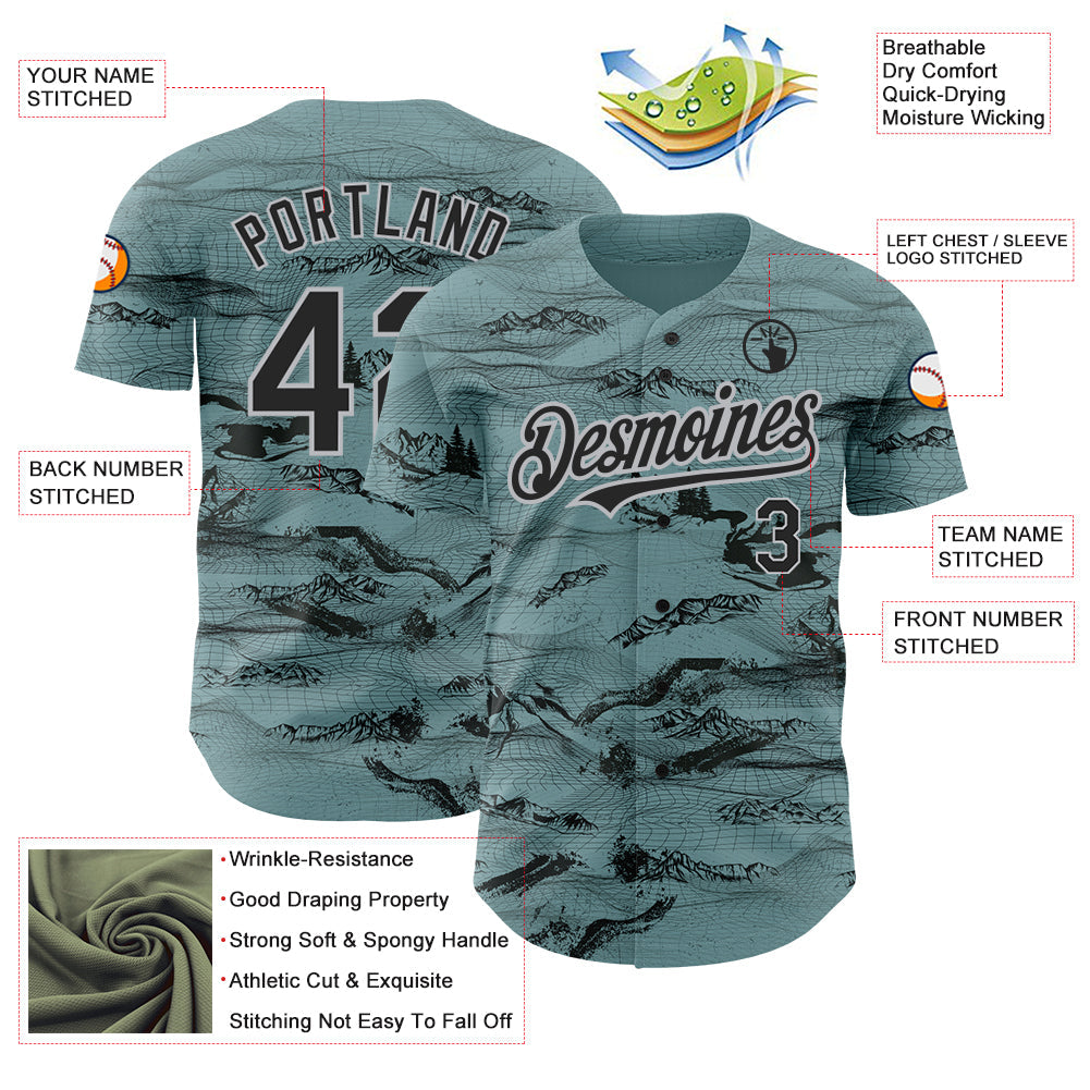 Custom Green Black Gray 3D Pattern Design Mountain Authentic Baseball Jersey view 3